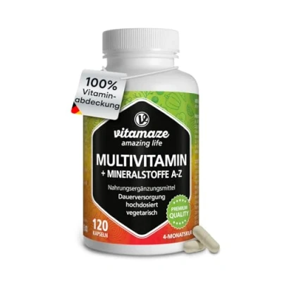 Obrázek Multivitamínové kapsle ve vysokých dávkách, 23 cenných vitamínů a Z minerálů, 120 vegetariánských kapslí po dobu 4 měsíců, optimálně kombinuje vitální látky stopové prvky