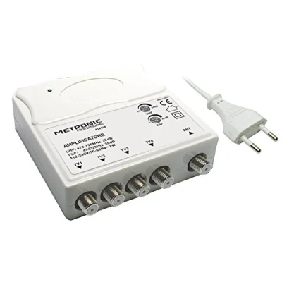 Obrázek Metronic 414114 TV Verstärker VHF/Uhf für Digital Terrestrisch mit LTE Filter, VHF 20 dB und Uhf 28 dB, verstellbar, 1 Eingang / 4 Ausgänge, den Innenbereich, Weiß