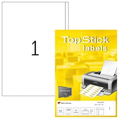 Obrázek TopStick 8719 univerzální etikety, 100 listů, 200 x 297 mm, 1 na arch A4, kusů, samolepicí, potisknutelné, matné, prázdné papírové lepicí etikety samolepky, bílé