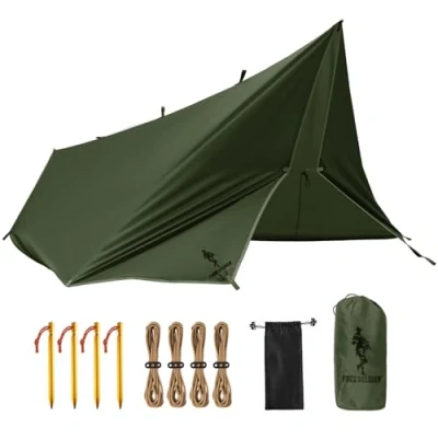 Obrázek FREE SOLDIER Tarp vodotěsná 3 x 3,2 m, ultralehká krycí stanová plachta, UV ochrana, kempování, sluneční venkovní použití, velký na turistiku, outdoorové aktivity (vojenská zelená)