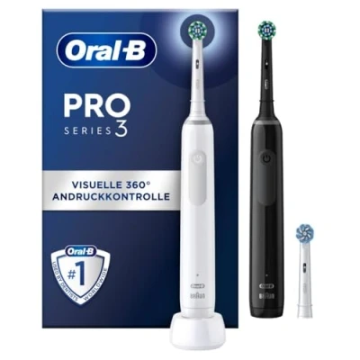 Obrázek Oral B elektrický zubní kartáček pro 3 3900, kartáček, dvojité balení a kartáčky, režimy čištění, 360 kontrola přítlaku péči o zuby, navrženo od Braun, dárek muže/ženu,