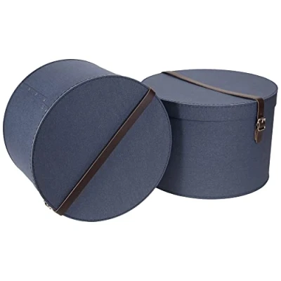 Obrázek BIGSO BOX OF SWEDEN RUT 2er Set Aufbewahrungsbox mit Deckel runde Ordnungsbox Lederriemen große und kleine Hutschachtel aus Faserplatte Papier in Leinenoptik blau