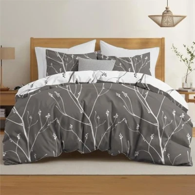 Obrázek Dreamzie Sada ložního prádla 155 x 220 cm se 2 povlaky na polštáře 80 vzor větve šedé ložní prádlo dospělí ze 100% mikrovlákna certifikováno bez chemikálií (Oeko TEX)