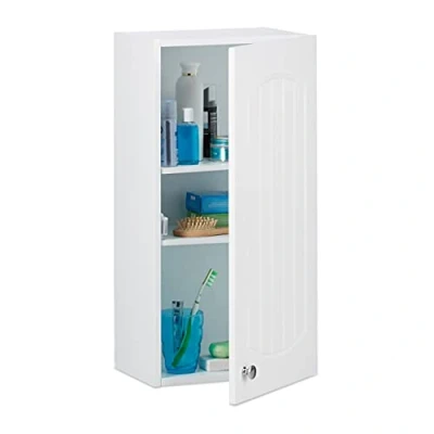 Obrázek Relaxdays závěsná koupelnová skříňka, skříňka do koupelny, lamely design, 2 vkládací police, MDF, V x H: 60 30 20,5 cm, bílá