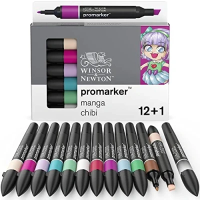 Obrázek Winsor &amp; Newton 0290141 ProMarker, profesionální layoutmarker 2 hroty, jemné a široké pro kreslení, design rozvržení sada 13 barev manga chibi
