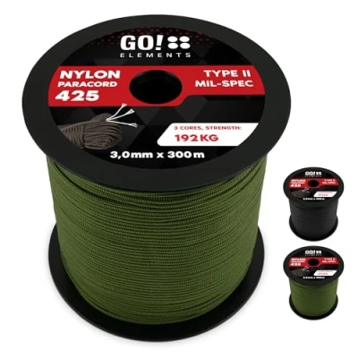 Obrázek GO!elements 300 m Paracord lano z nylonu odolného proti roztržení 3mm 425 typ II max. 192 kg šňůry jako outdoorové lano, univerzální pro přežití, náramek, vodítko psy,
