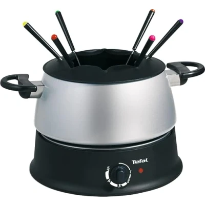 Obrázek Tefal EF3000 Fondue Base Ronde 1200 W s 6 barevnými vidličkami pro každý druh fondue: olej, sýr, čokoláda ochranou proti postříkání nastavitelný termostat snadné čištění stříbrná/černá