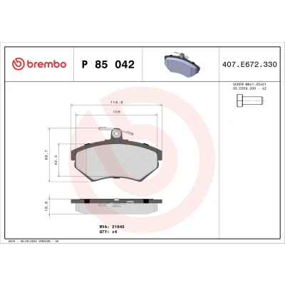 Obrázek Sada brzdových destiček, kotoučová brzda BREMBO P 85 042