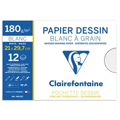 Obrázek Clairefontaine 96155C Mappe Zeichenpapier (180 g, 21 x 29,7 cm, 12 Bögen, ideal für Kunstunterricht, geleimt) weiß