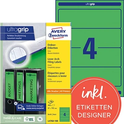 Obrázek AVERY Zweckform L4768 20 etikety na hřbety pořadačů (80 štítků hřbetu s ultragripem, 61 x 192 mm A4, široké/krátké, samolepicí, absolutně neprůhledné, potiskovatelné pořadače)
