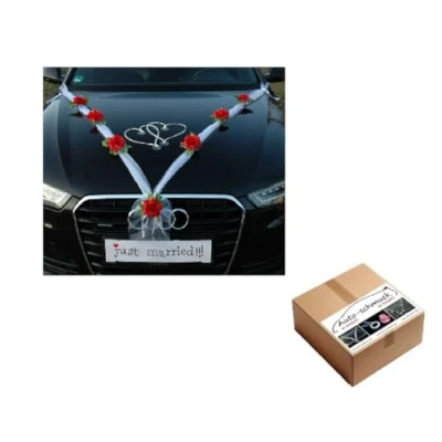 Obrázek ORGANZA M + srdíčka pro nevěstu Pár Růže dekorace Autoschmuck Svatba Car Auto Svatební Ratan Girlanda ®Auto Šperk Osobní automobil (červená/bílá/bílá)