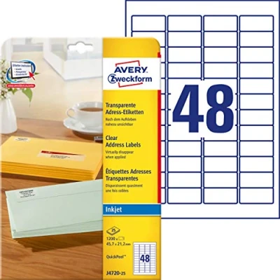 Obrázek AVERY Zweckform J4720 25 Adresní etikety / nálepky na adresu (1 200 etiket, 45,7 x 21,2 mm A4, k potisku, samolepicí, pro štítky odesílatelů, polyesterová fólie, inkoustové tiskárny) listů,