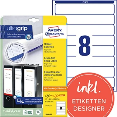 Obrázek AVERY Zweckform L6060 25 etikety na hřbetu pořadačů (240 štítků s ultra rukojetí, 34x192 mm A4, úzké/krátké, samolepicí, absolutně neprůhledné, potiskovatelné pořadače) 30 listů, bílá