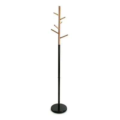 Obrázek Versa Malmö minimalistický šatní stojan pro vstupní prostor, s 9 háčky na oblečení nebo tašky do haly, rozměry (v x d š) 171 28 cm, kov a dřevo, barva: Černá