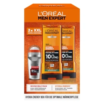 Obrázek L&#039;Oréal Men Expert sada pro péči o muže, dárková s XXL sprchovým gelem a deodorantem, dárek muže včetně Bodywash Deo Roll On, Hydra Energy, Heat Protect, 2 x 400 ml, 1 50 ml