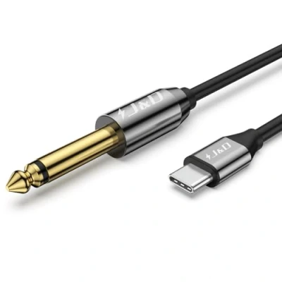 Obrázek J&amp;D USB C na 6,35 mm 1/4&quot; TS audio kabel, pozlacený typ samčí Mono Interconnect AUX adaptérový kompatibilní se sérií iPhone 15/16, 1 M