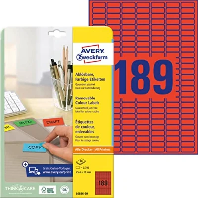 Obrázek AVERY Zweckform L6036 20 Červené etikety (3 780 nálepek, 25,4 x 10 mm na A4, opět beze zbytku odstranitelné, samolepicí barevné etikety, papír matný, potiskovatelné, lepicí etikety) listů