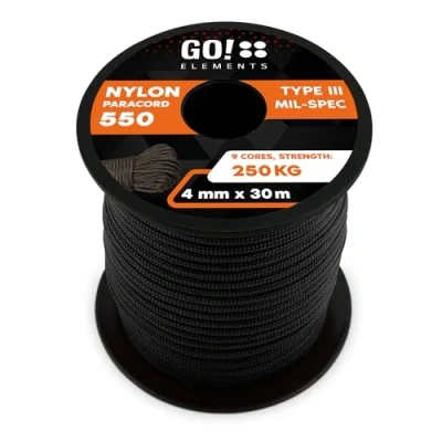 Obrázek GO!elements 30 m Paracord lano z nylonové šňůry odolné proti přetržení 4mm 550 Typ III šňůra univerzální a Reep max. 250 kg, barva: Černá
