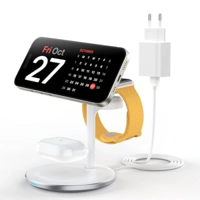 Obrázek Indukční nabíjecí stanice 3 v 1 pro více zařízení, 15 W rychlá Mag Safe iPhone 14, nabíječka iWatch Ultra 2/1/Series 9/8, AirPods, bílá