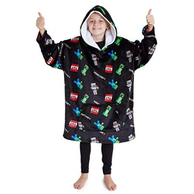 Obrázek Minecraft Decke mit Ärmel Kinder, Kinder Hoodie Creeper und Mob Design, Übergroße Kuscheldecke Ärmeln 7 14 Jahre, XXL Jungen (Schwarz)