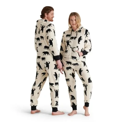 Obrázek Hatley Dámská mikina s kapucí Fuzzy Fleece Black Bear Family Jumpuits Onesie, White (Adult Jumpsuit Bears On Natural )