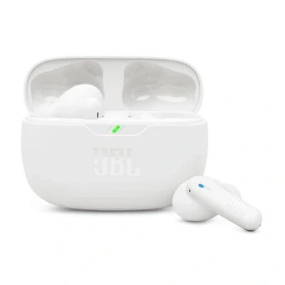 Obrázek JBL Wave Beam 2, bezdrátová Bluetooth sluchátka do uší s potlačením okolního šumu, doba přehrávání 40 h, Pure Bass Sound, technologie Smart Ambient a připojení multipoint, bílá
