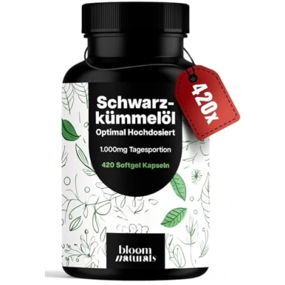Obrázek Kapsle s černým kmínem ve vysokých dávkách 420 měkkých gelových kapslí 1 000 mg denní dávka vitamin E vyrobeno v Německu laboratorně testováno