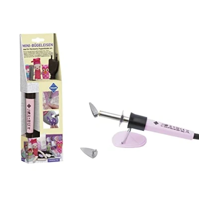 Obrázek Pebaro Mini žehlička 0210, 2 nástavce, látka, nažehlení, nanášení nažehlovacího rouna, netkaná textilie, nažehlovač, nažehlovací záplaty, patchwork, quilt, fixování barev látky, ruční práce, šití