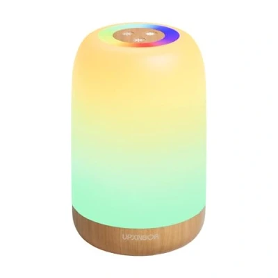 Obrázek UPXNBOR LED lampa na noční stolek, dotyková stmívatelná s 256 RGB barvami a 4 režimy, stolní bezdrátová časovačem háčky, nabíjení přes USB, dřevěné žilkování, přenosné světlo do