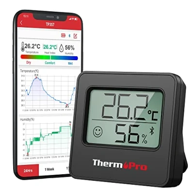 Obrázek ThermoPro TP357B 80m Bluetooth Hygrometer Innen Thermometer für Innenräume mit APP Mini Luftfeuchtigkeitsmesser Smiley Indikator Datengrafik Büro, Weinkeller, Gewächshaus Schwarz
