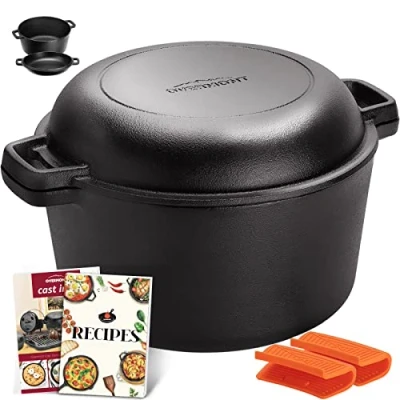 Obrázek Overmont Litinový hrnec Dutch Oven připravený k použití, vypálený, dvojitá funkce, víko/pánev do kuchyně, na kempování, zahradu, BBQ pečení, plynový gril