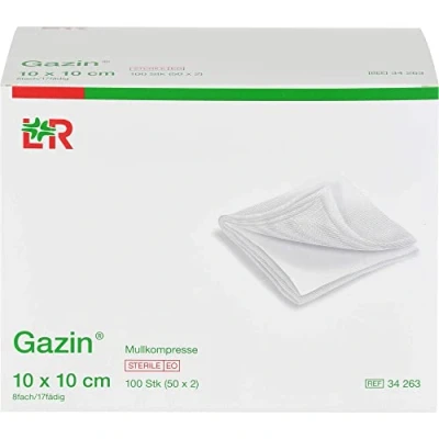 Obrázek Gazin, Mullové obklady 10 cm x sterilní 8násobné 50 2 300 g, bílé, 100 kusů, (balení 50)