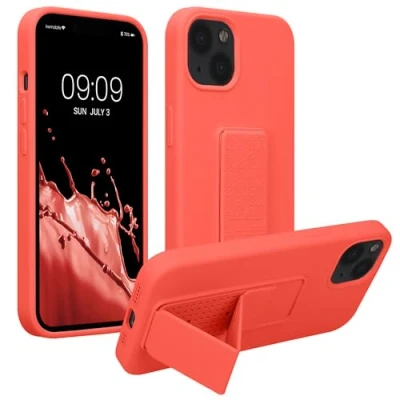 Obrázek kwmobile Pouzdro na mobil kompatibilní s Apple iPhone 13 držákem prstů a funkcí stojánku Silikonový obal Cover v korálové barvě