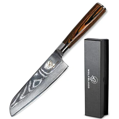 Obrázek Wolfblood damaškový nůž Santoku L(24cm) profesionální kuchařský z pravé 67 vrstev damaškové oceli I kuchyňský s dřevěnou rukojetí, dárková krabička a ochrana čepele