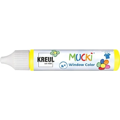 Obrázek KREUL 24403 Mucki Window Color, žluté, 29 ml pero, barva na okno bázi vody, bez parabenů, lepku, laktózy, veganské, snadno roztíratelná, omyvatelná