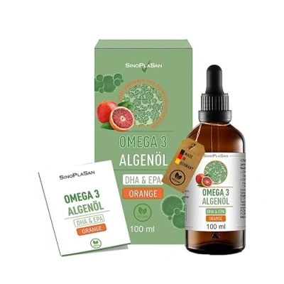 Obrázek Prémiový Omega 3 olej z řas vysoké dávky přírodní DHA a EPA pro srdce, mozek zrak veganský 100 ml zásoba 40 dní pomerančová příchuť