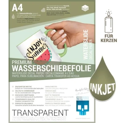 Obrázek SKULLPAPER® posuvná vodní fólie TRANSPARENT pro inkoustové tiskárny velmi tenká DIY Decal obtiskovací obrázek Mokrá keramiku, sklo, svíčky, kov, plast, modelářství (A4 8 listů)