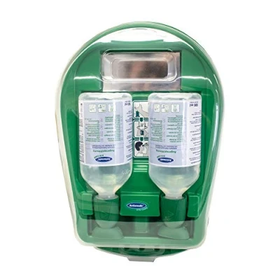 Obrázek Actiomedic Eye Care Medidrop 1 I Oční oplachovací stanice s 2 x 500 ml DIN EN 15 154 4 roztok chloridu sodného 0 9% sterilní mytí očí roztokem pro práci 500.101.10010 35x27x10cm