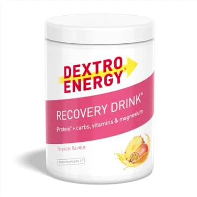Obrázek DEXTRO ENERGY RECOVERY DRINK TROPICAL (356 g), elektrolytový prášek s hořčíkem, vitamin E, C, B1, B2, B3, B6, B12, kyselina listová, pantothenová, 3: 1 směs sacharidů proteinů, regenerace