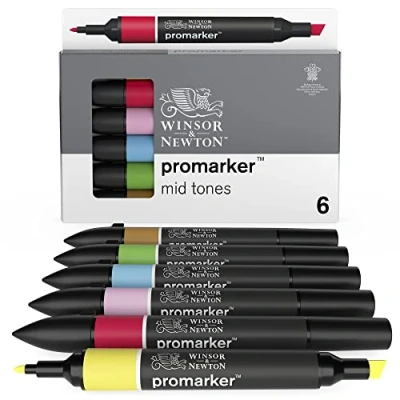 Obrázek Winsor &amp; Newton 0290112 ProMarker, profesionální layoutmarker 2 hroty, jemné a široké pro kreslení, design rozvržení sada 6 barev střední tóny