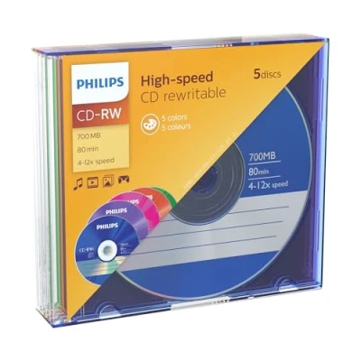 Obrázek Philips CD RW polotovary 80 min 700 MB 4 12x 5 ks Slim Case Coloured