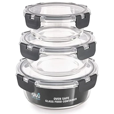 Obrázek Igluu Meal Prep Container aus Glas 3er Set Runde Glasbehälter in Verschiedenen Größen Lunch Box Zur Aufbewahrung von Essen für Gefrierschrank, Mikrowelle &amp; Ofen BPA frei Spülmaschinengeeignet