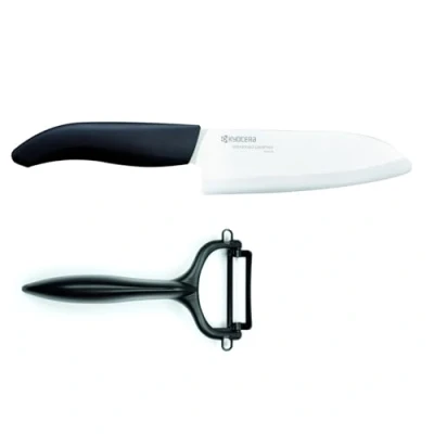 Obrázek Kyocera GEN WHITE Cut &amp; Peel Set Keramický nůž Santoku se škrabkou čepel 14 cm ergonomická rukojeť extrémně ostrý kuchyňský a škrabka kuchařský profesionální
