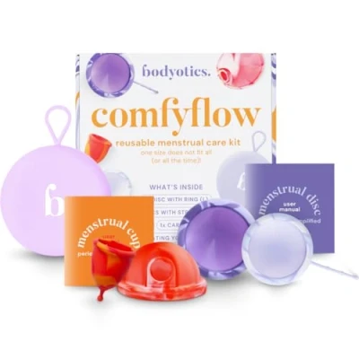 Obrázek Bodyotics Comfyflow opakovaně použitelná sada pro pravidelnou péči, menstruační plátky s kroužky a kroužky, kalíšek sáček, 5dílná v různých velikostech