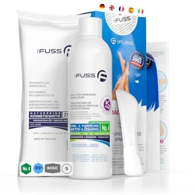 Obrázek Mr. Fuss Odstraňovač zrohovatělé kůže roztok pro jemné odstranění Rychle změkčující mléko 250 ml č. 4 v balení Plus . Péče o nohy sada na pedikúru bez broušení s okamžitým efektem.