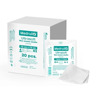 Obrázek Medrull Komprese netkané STERIL ULTRASOFT 4vrstvé 7,5 cm x Balené 2 kusy 20 papírových sáčků (40 kusů)