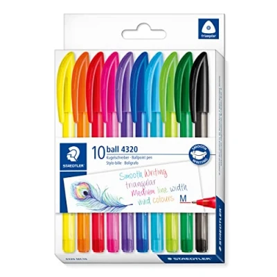 Obrázek STAEDTLER dreikant stick Kugelschreiber, Linienbreite M ca. 1,00 mm, für entspanntes Schreiben, 10 Kugelschreiber in sortierten Farben im Kartonetui, 4320 MC10
