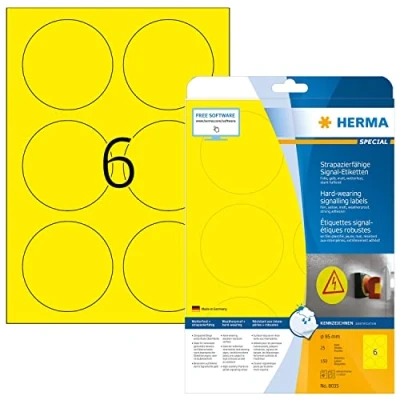 Obrázek HERMA 8035 Fóliové etikety odolné vůči povětrnostním vlivům, kulaté, 25 listů, Ø 85 mm, 6 na arch A4, 150 kusů, samolepicí, lze potisknout, matné, prázdné venkovní signální z fólie, žluté