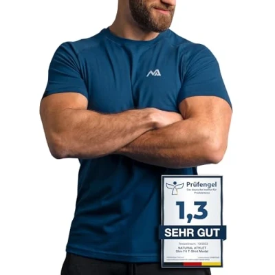 Obrázek Natural Athlet Slim Fit pánské fitness tričko dlouhé rychleschnoucí do tělocvičny kulturistika, siltaining a sport, modrá