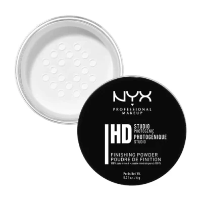 Obrázek NYX Professional Makeup Studio Finishing Powder, volný pudr, matný povrch, pohlcující olej, veganská receptura, barevný odstín: průsvitný